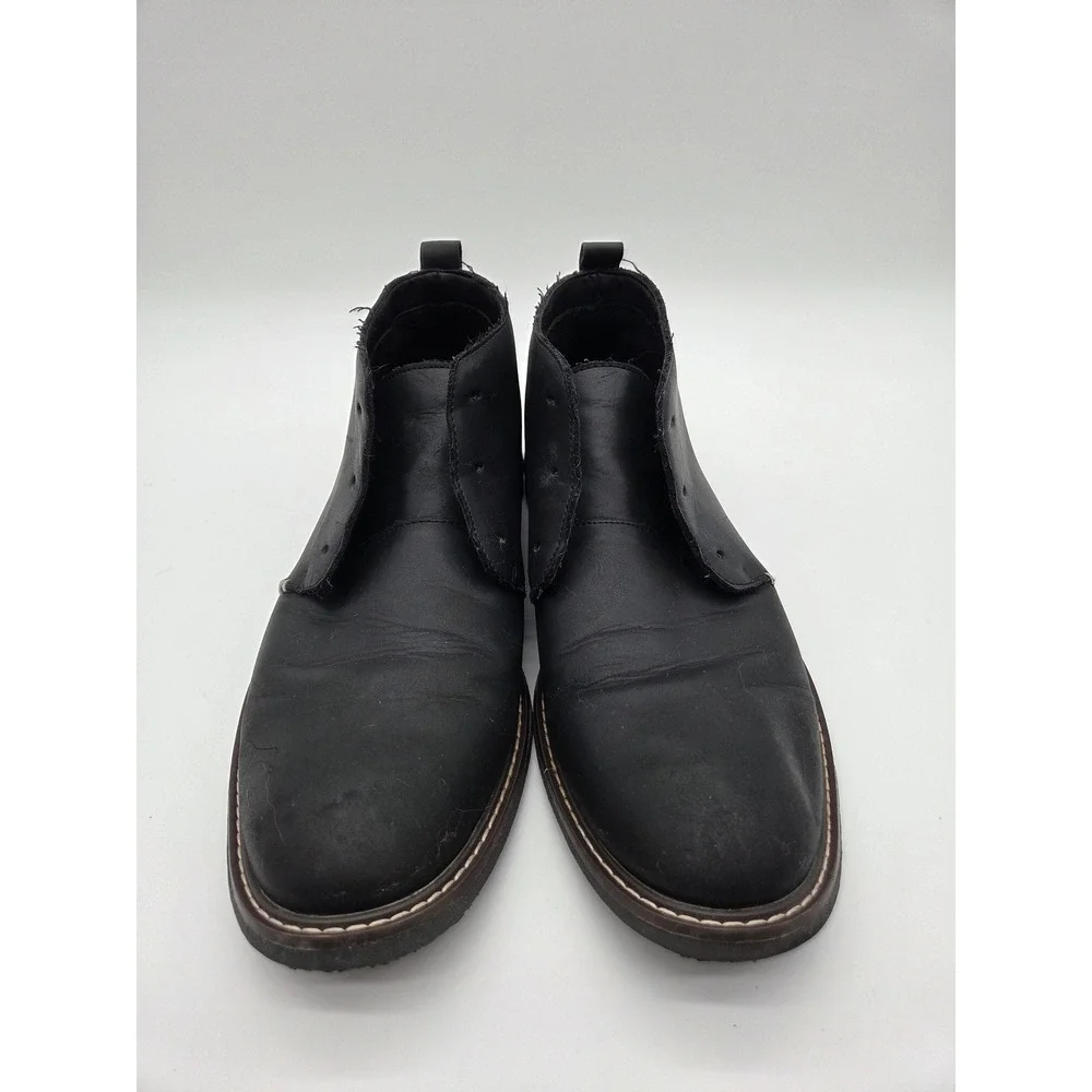 Mens Black Leather Chukka Desert Boots Mid Top Round Toe Contrast‎ Stitching